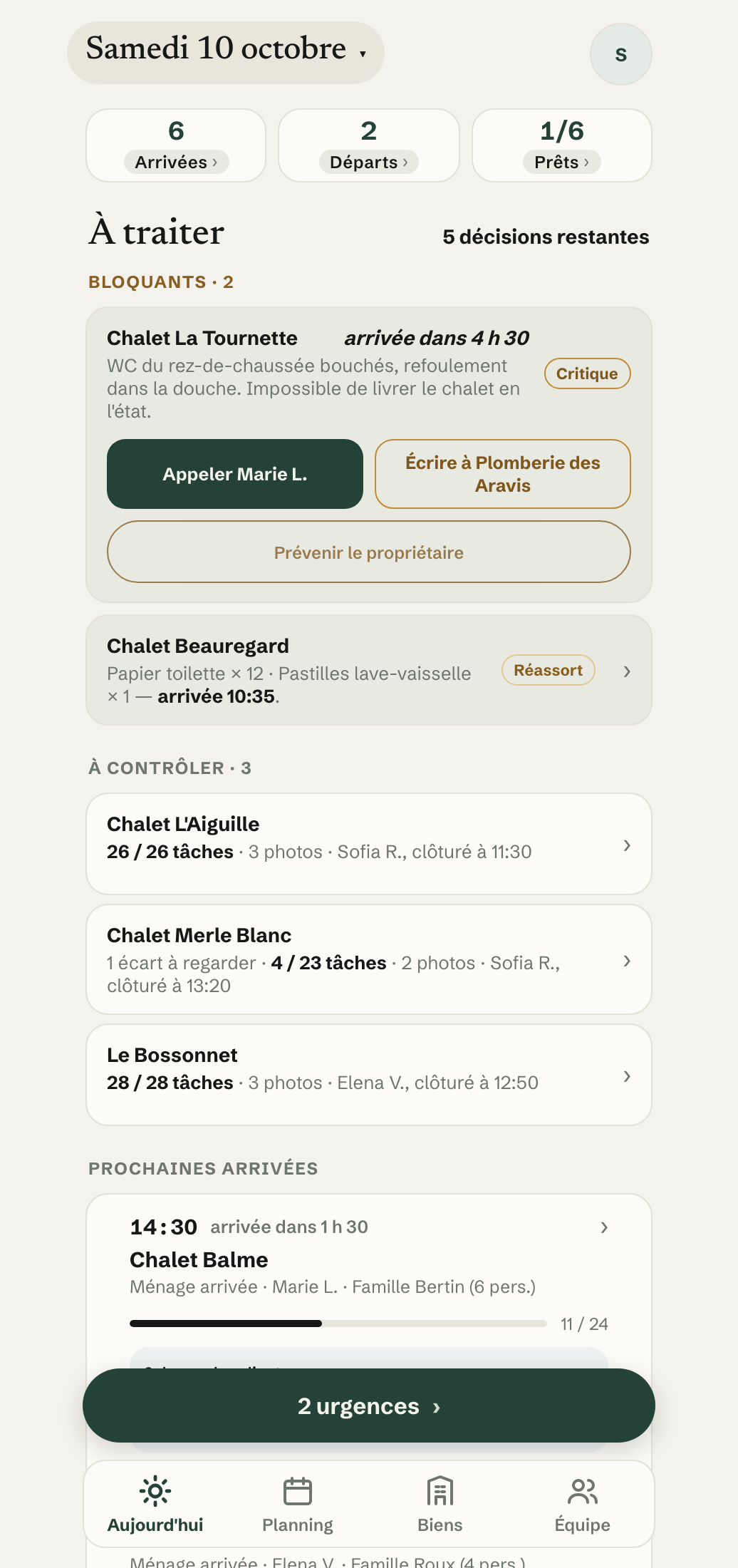 Un iPhone ouvert sur l’accueil de Choucas, samedi 3 octobre : 6 arrivées, 2 départs, 1 bien prêt sur 6, les deux blocages du jour et les missions à contrôler.
