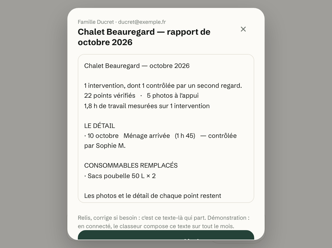 Rapport d’octobre 2026 du Chalet Beauregard pour la famille Ducret, à relire avant envoi : 1 intervention contrôlée par un second regard, 22 points vérifiés, 5 photos, le détail du 3 octobre et les consommables remplacés.